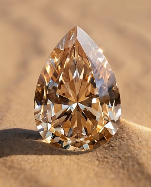 A pear-cut champagne Desert diamond perched in sand